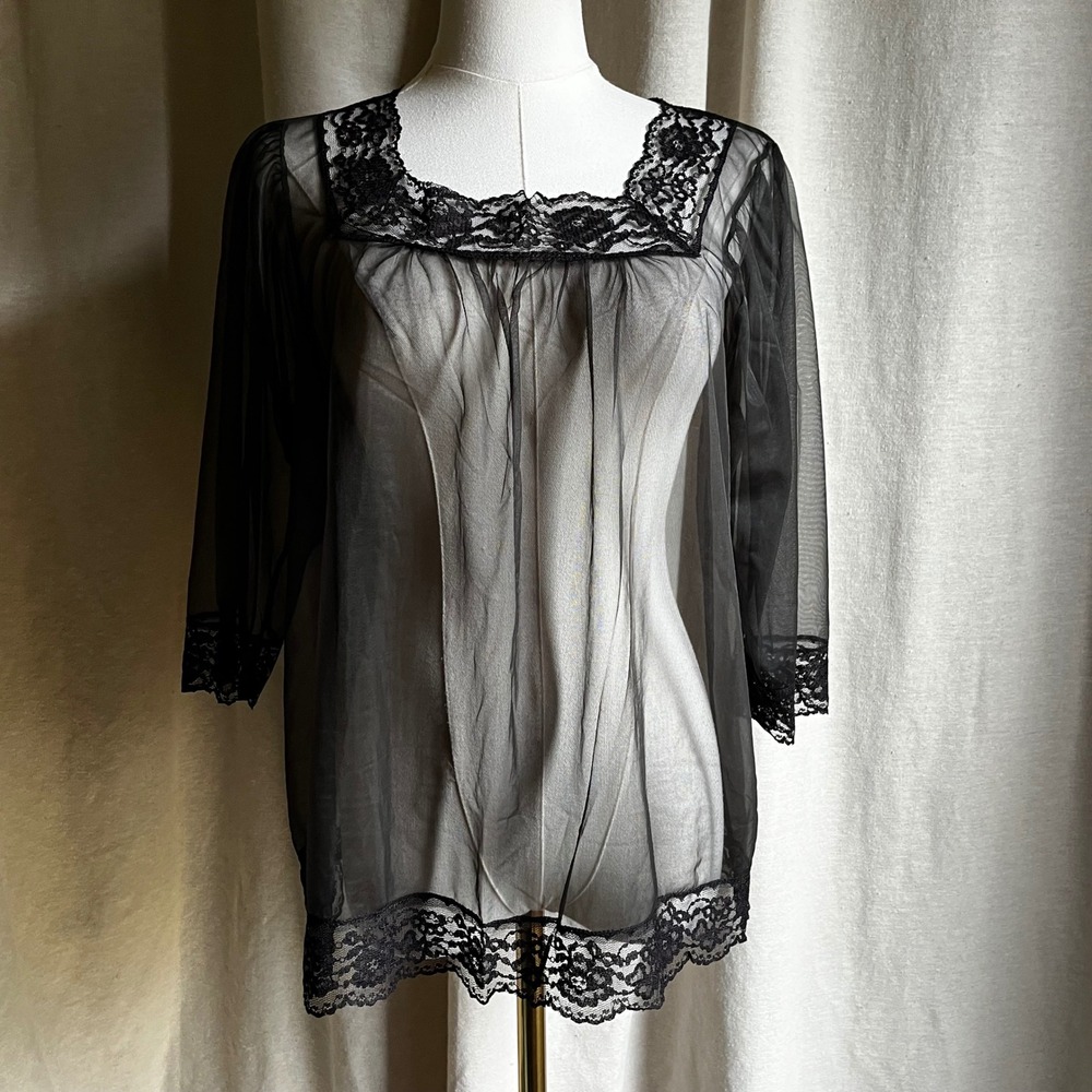 Vintage Black Sheer Lace Bed Jacket Lingerie Top Goth Romantic Mesh Cover Up S/M